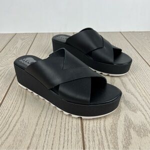 Sorel Women's Cameron Flatform Mule Sandals US9.5 Black & Sea Salt $125